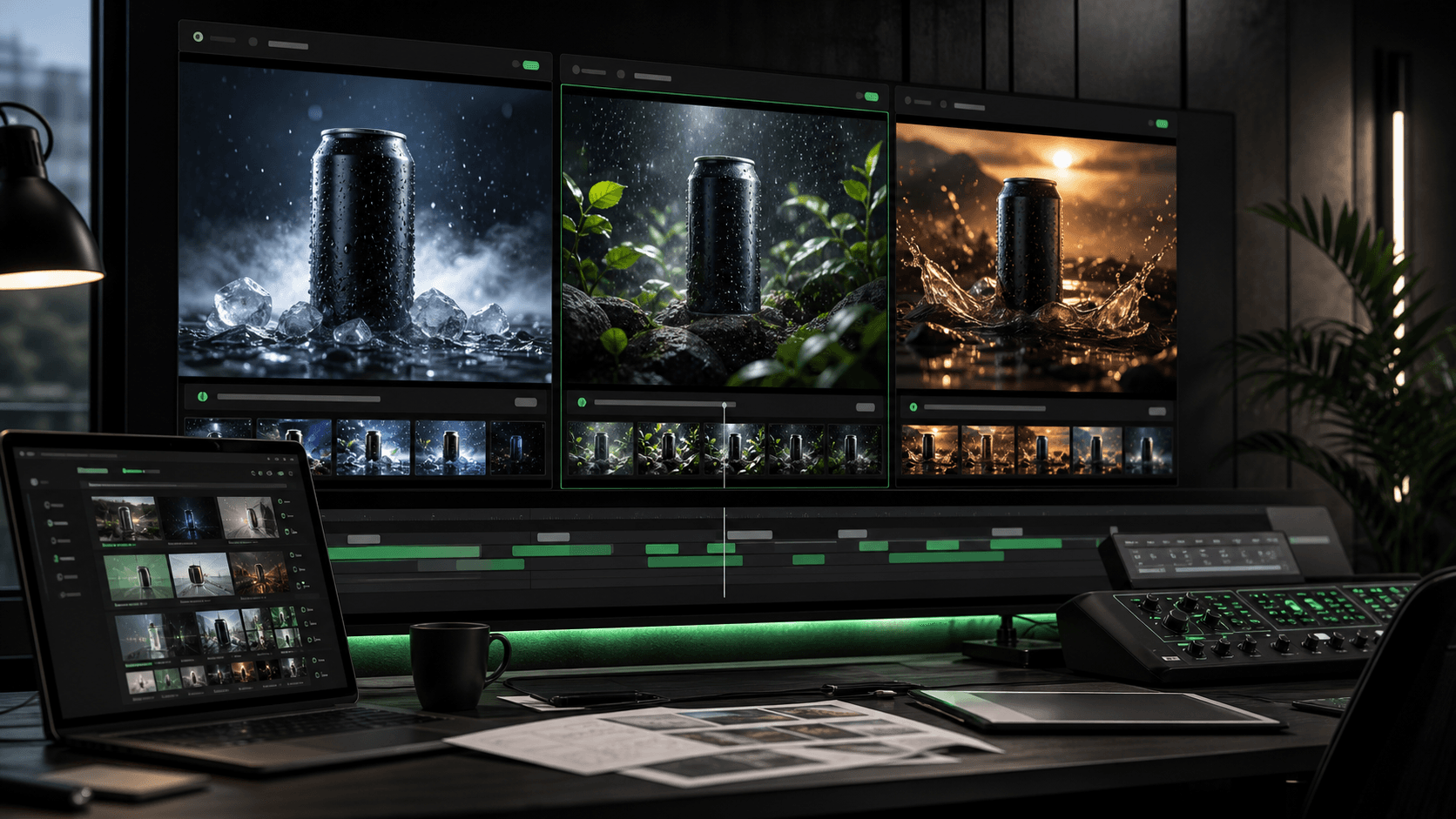 Text to video advertising workflow showing multiple beverage campaign video variants with different lighting moods on editing monitors.