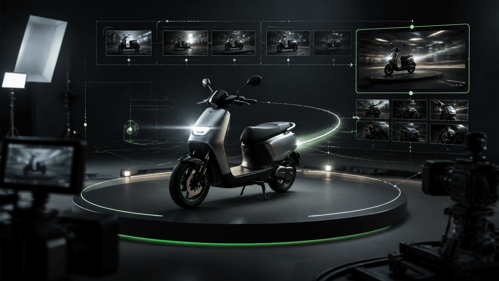 Text to video product launch workflow showing an electric scooter on a studio turntable with camera path guides and generated preview frames.